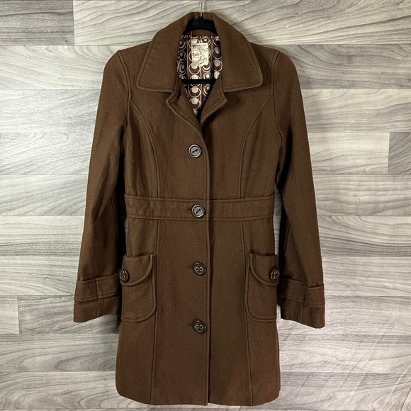 Tulle Overcoat Womens M Brown‎ Wool Blend Collar Button Pockets Lined Collar - Picture 2 of 14